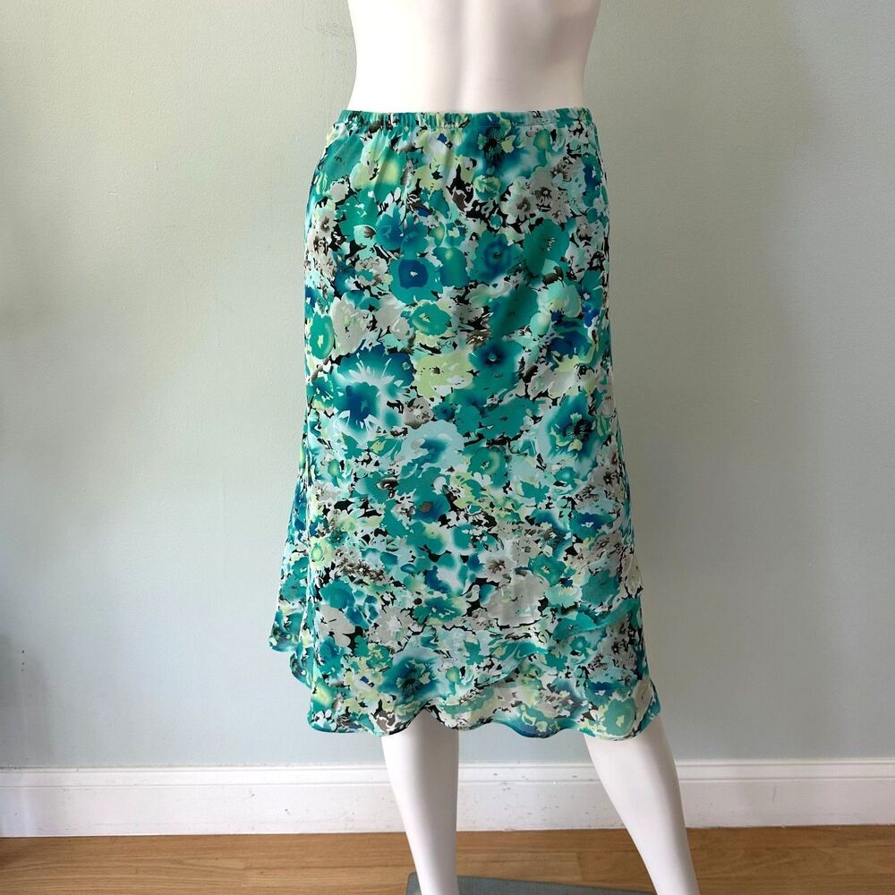 Vintage Y2K Floral Chiffon Midi Skirt Teal Blue Green Layered Ruffle Size 10